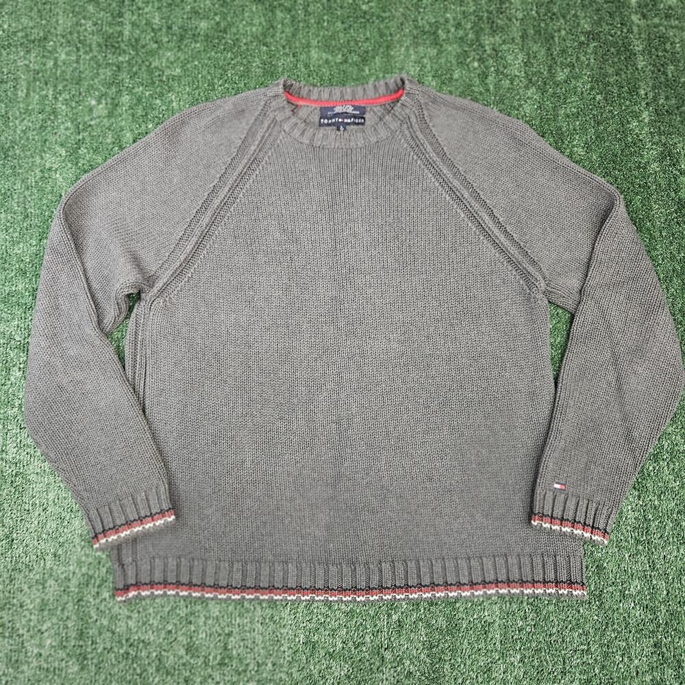Tommy Hilfiger Sweater Womens Large Gray Knit Raglan Sleeve Logo Heavy